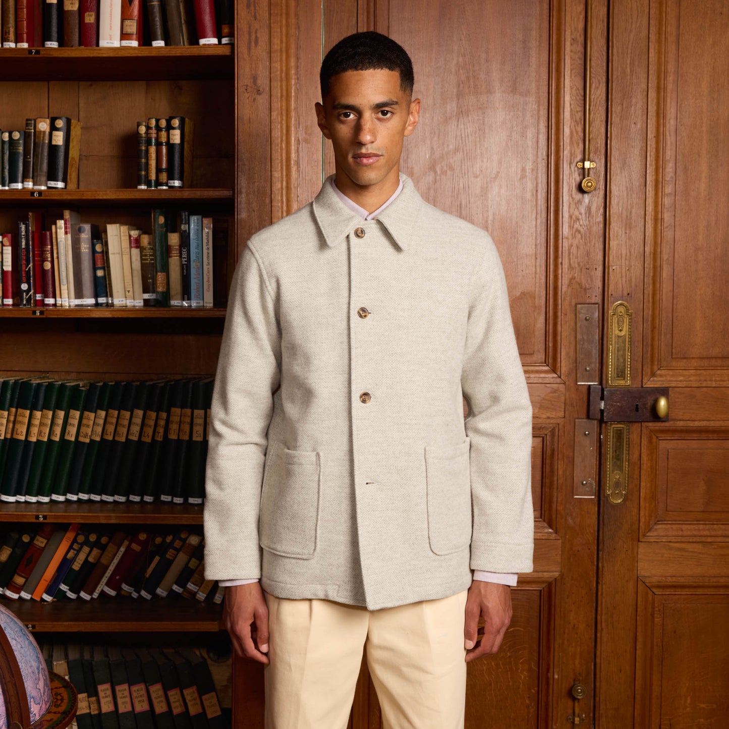 Veste de travail en laine écru chinée