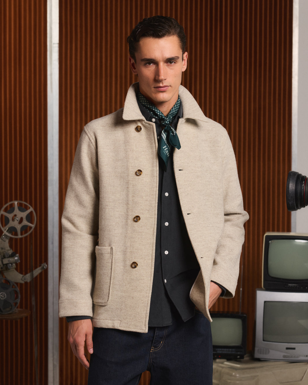 Ecru flecked wool work jacket