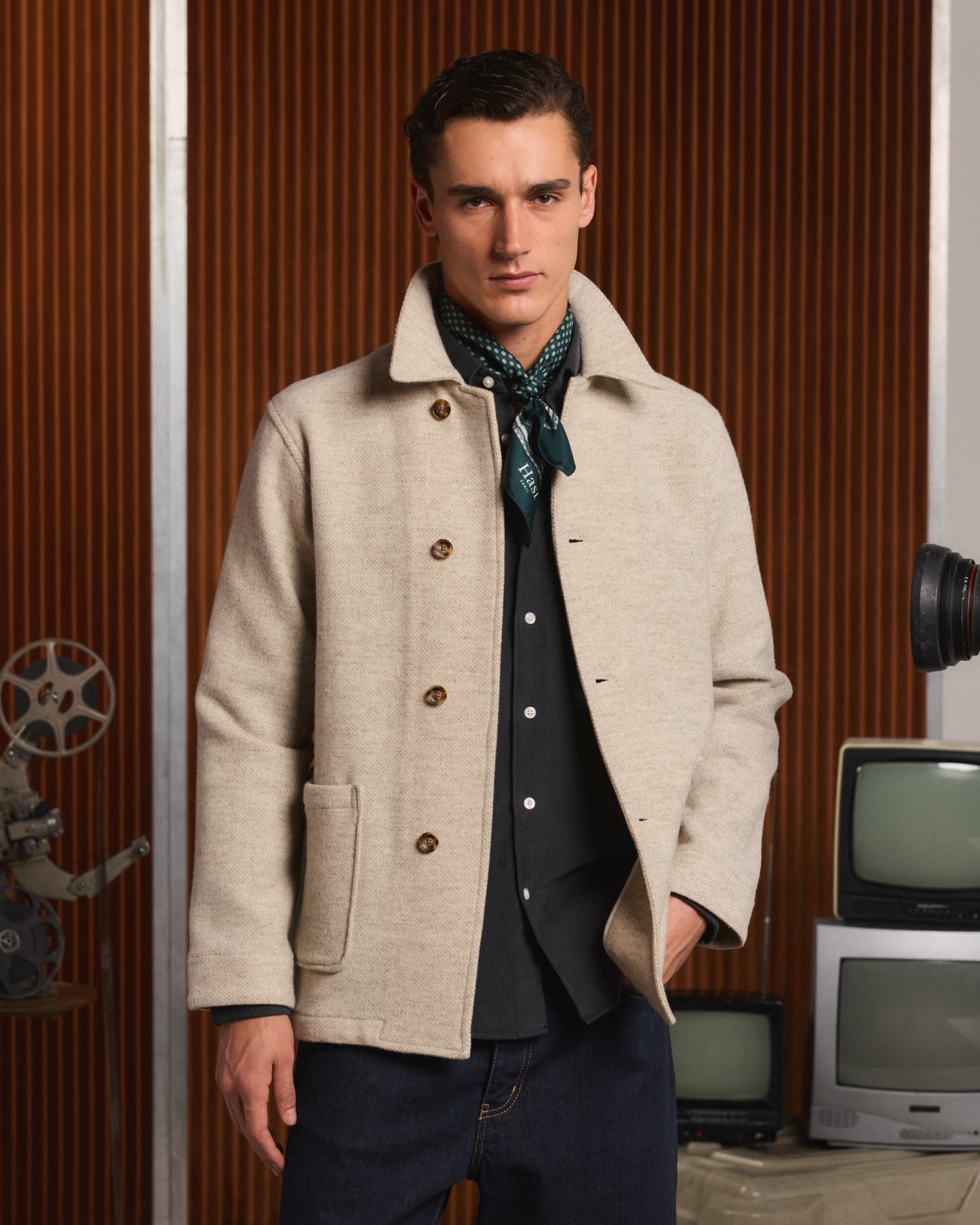 Ecru flecked wool work jacket