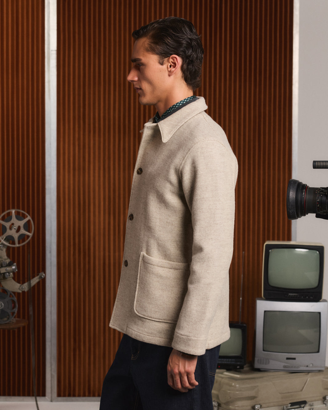 Arbeitsjacke aus ecrufarbener melierter Wolle