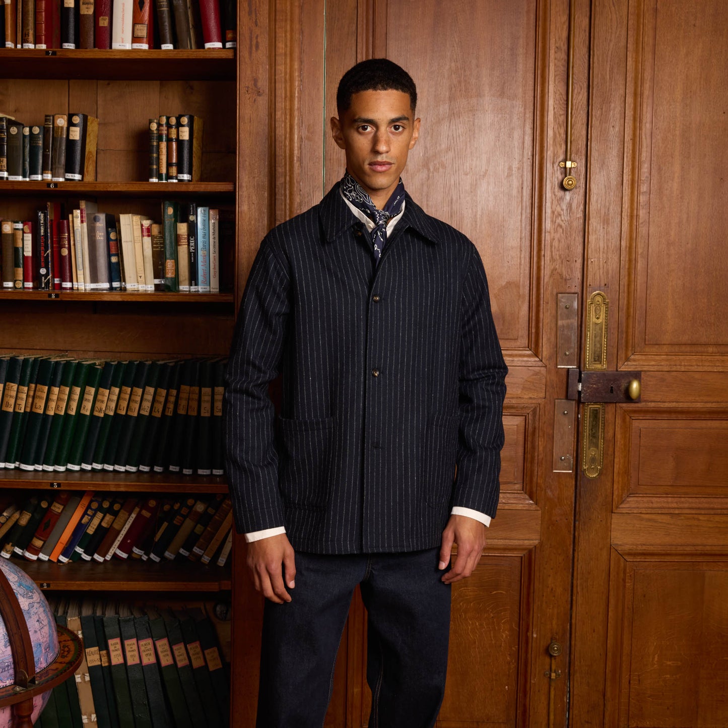 Navy blue chalk striped virgin wool work jacket
