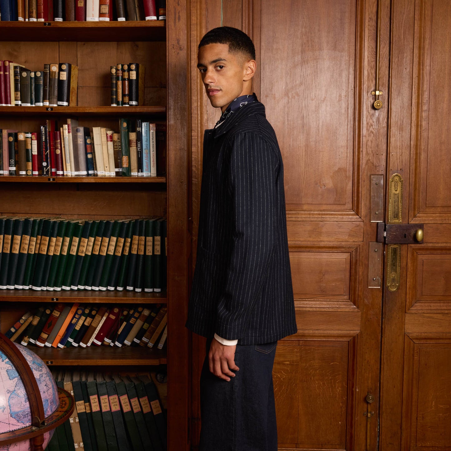 Navy blue chalk striped virgin wool work jacket