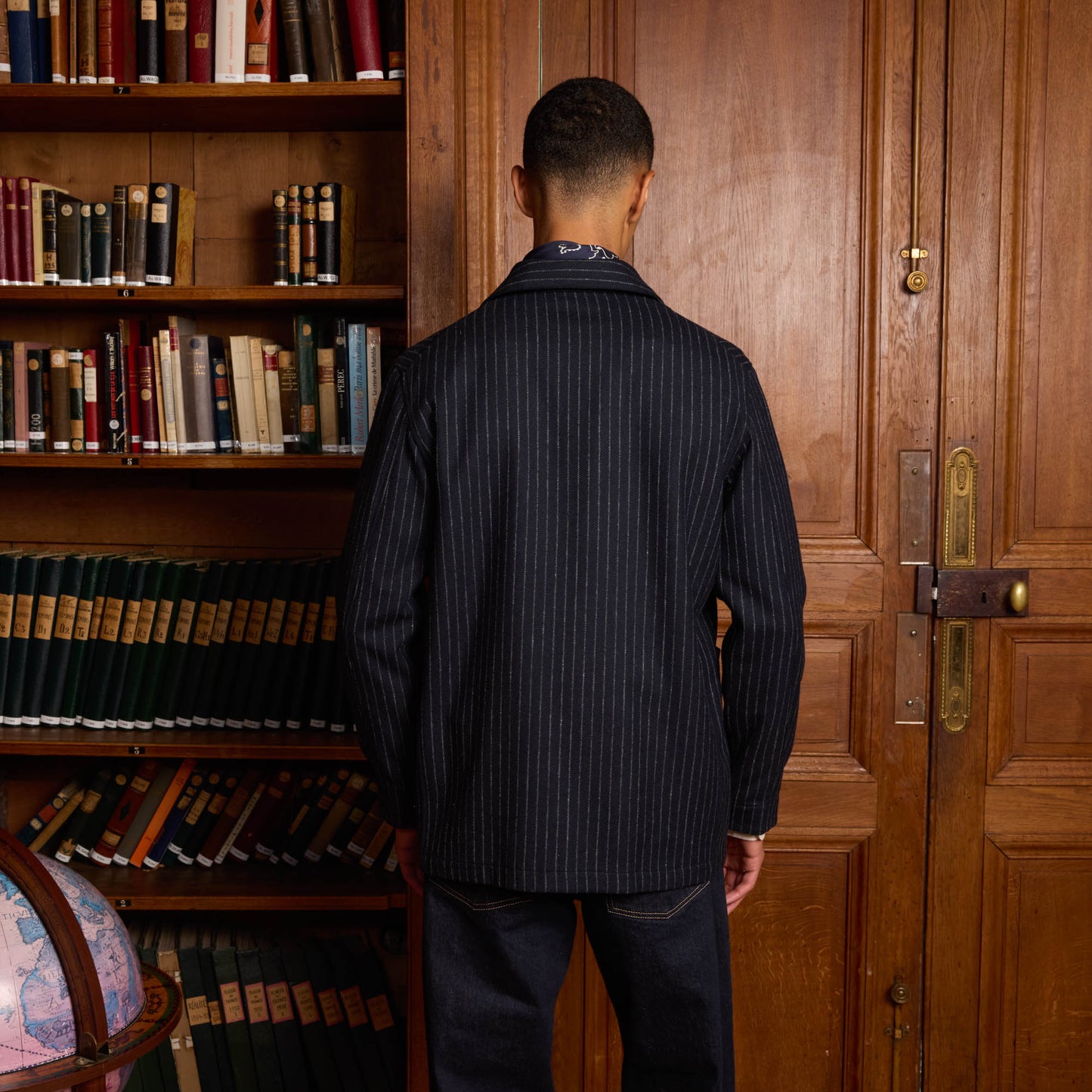 Navy blue chalk striped virgin wool work jacket