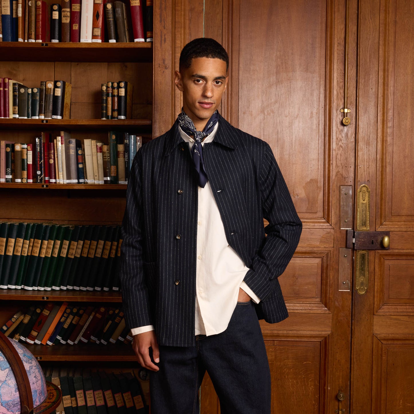 Navy blue chalk striped virgin wool work jacket