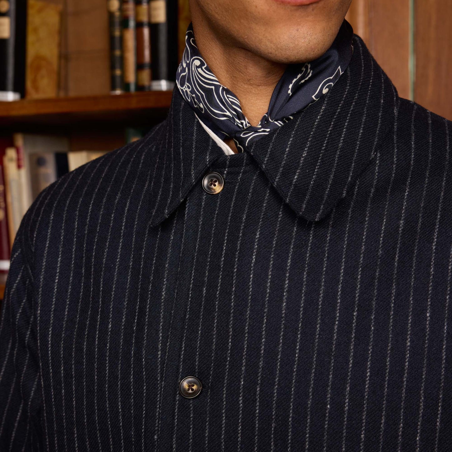 Navy blue chalk striped virgin wool work jacket