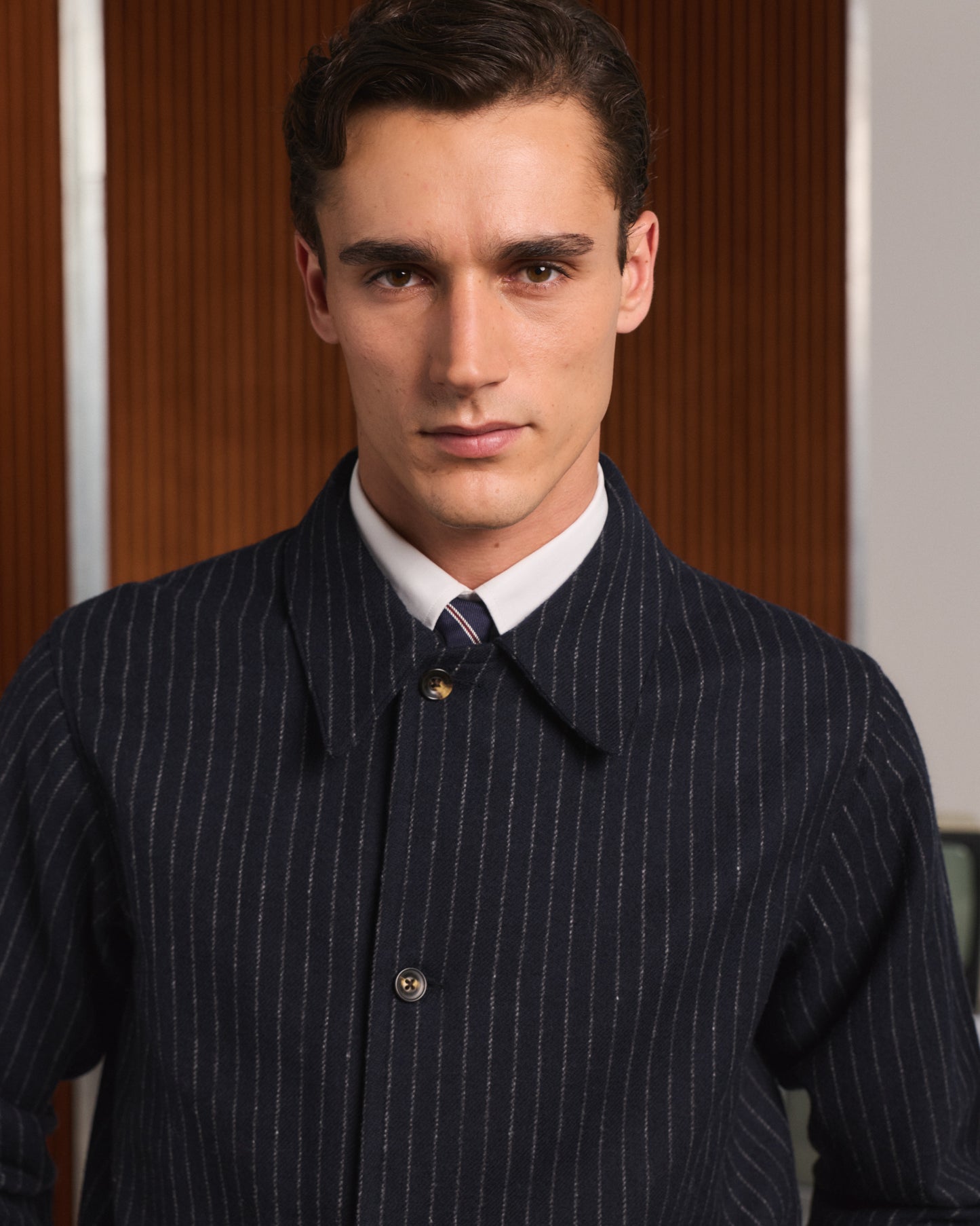 Work jacket in navy blue virgin wool with chalk stripes