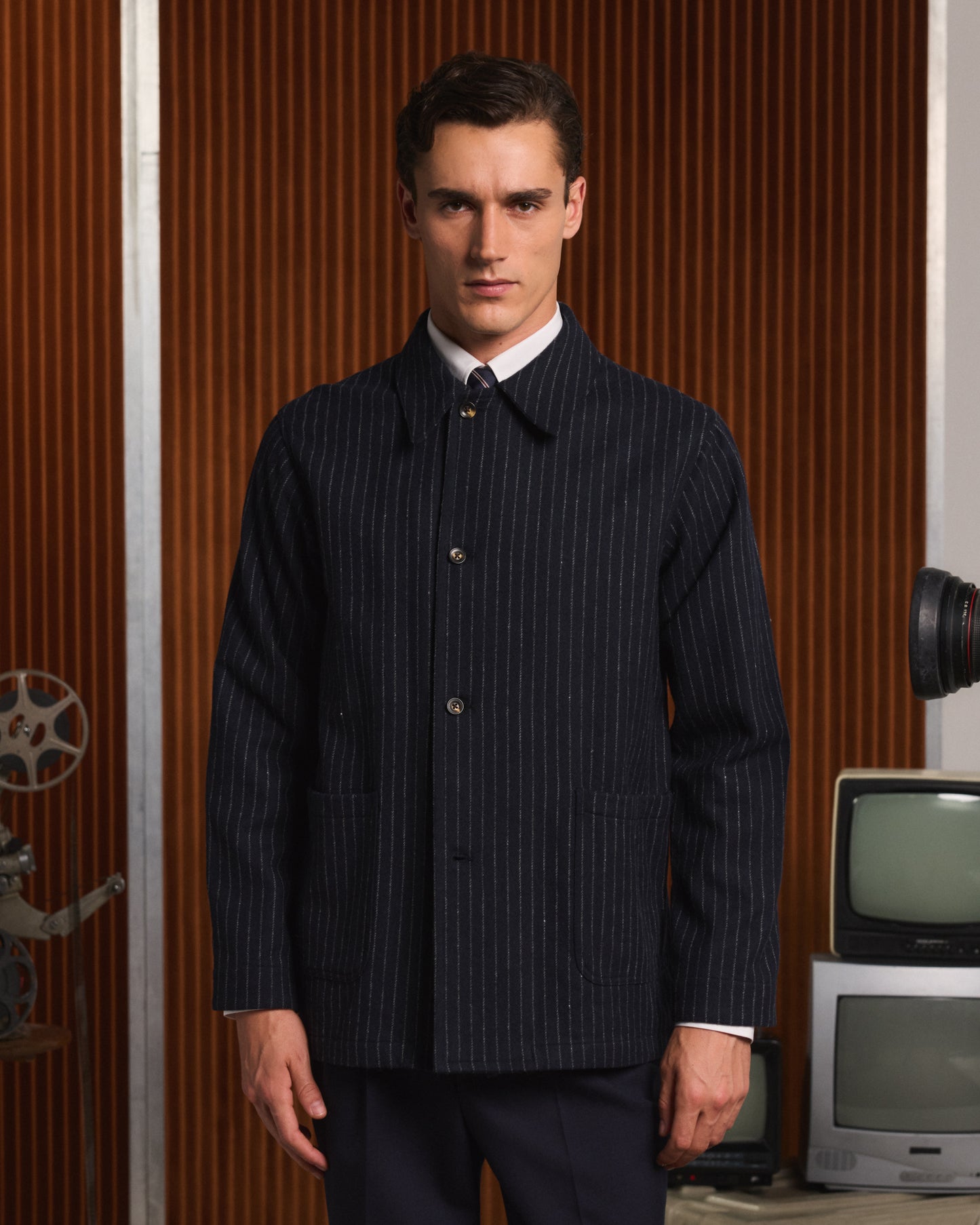 Work jacket in navy blue virgin wool with chalk stripes