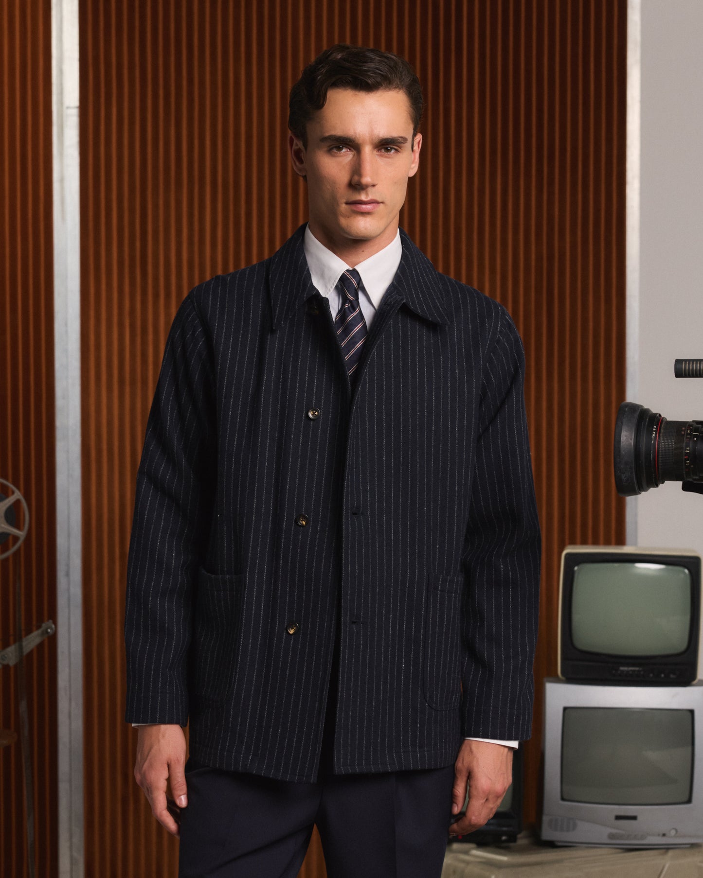 Work jacket in navy blue virgin wool with chalk stripes
