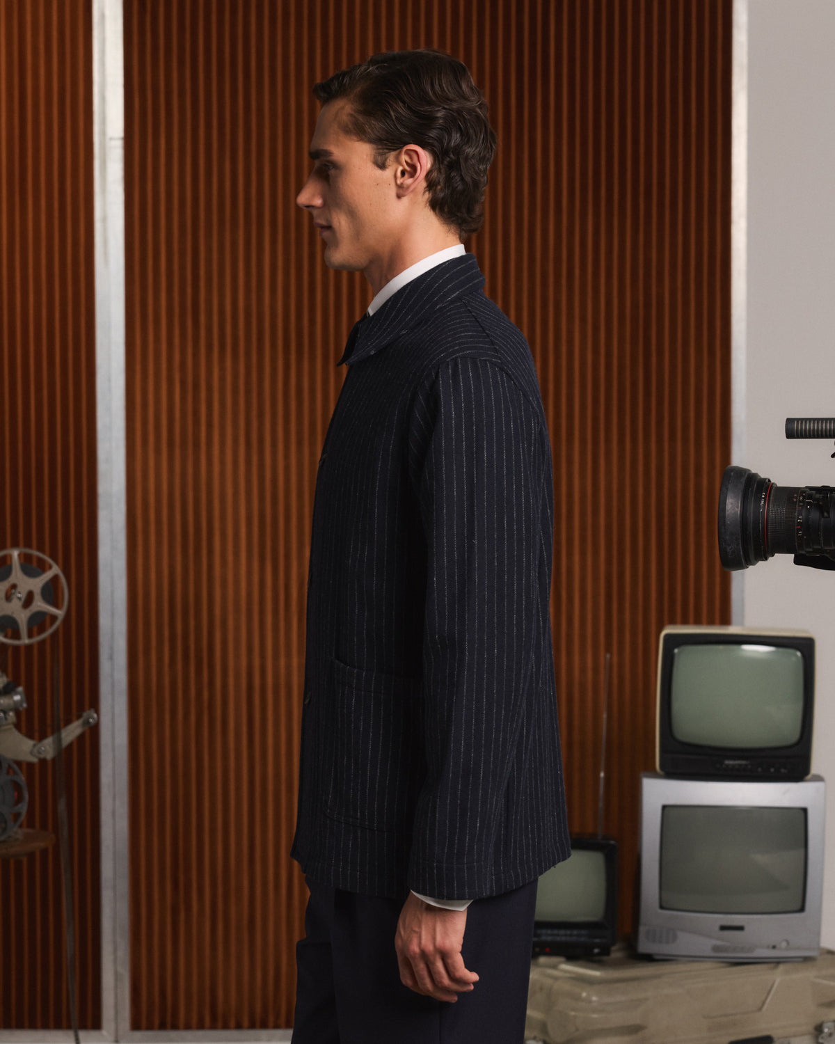 Work jacket in navy blue virgin wool with chalk stripes