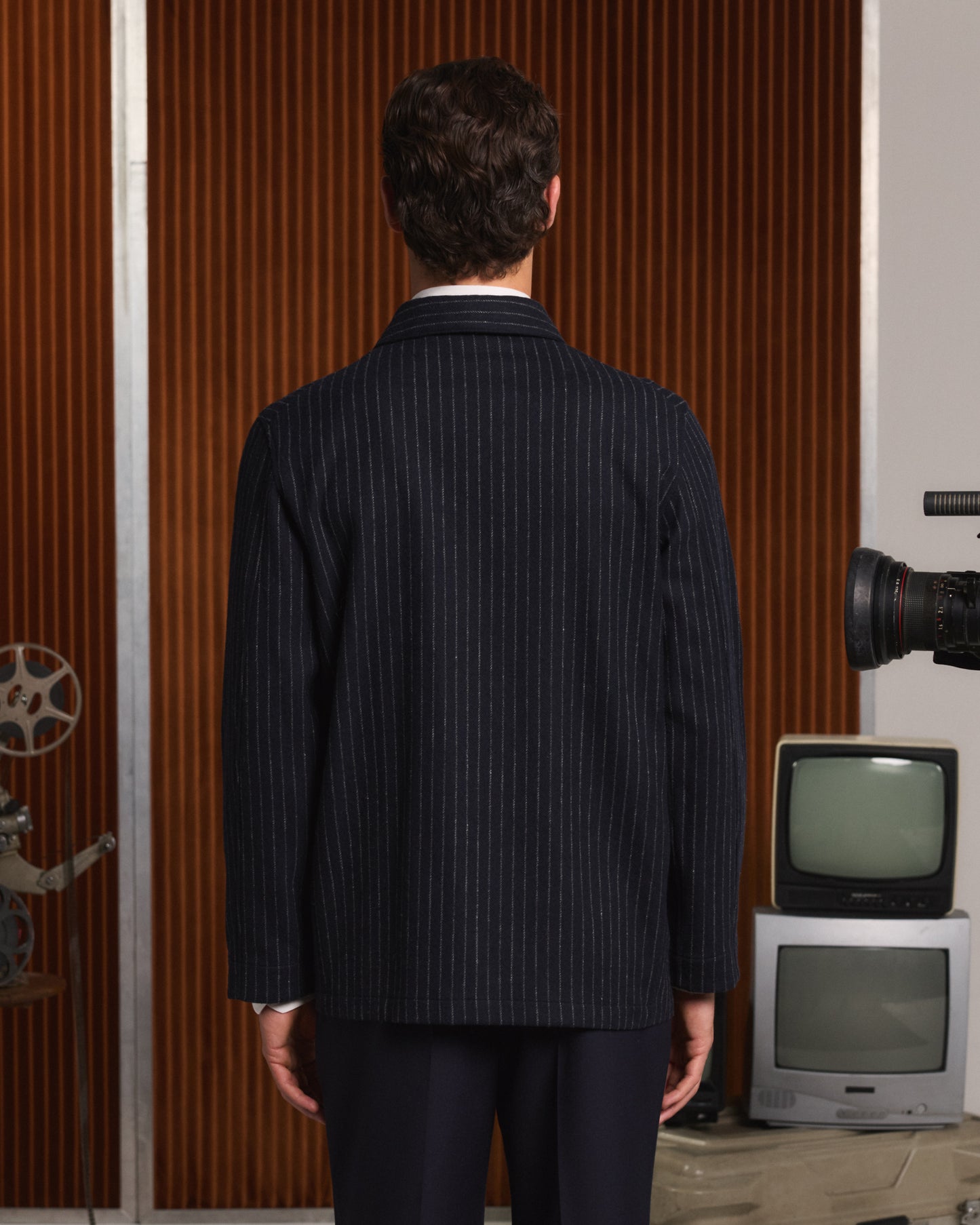 Work jacket in navy blue virgin wool with chalk stripes
