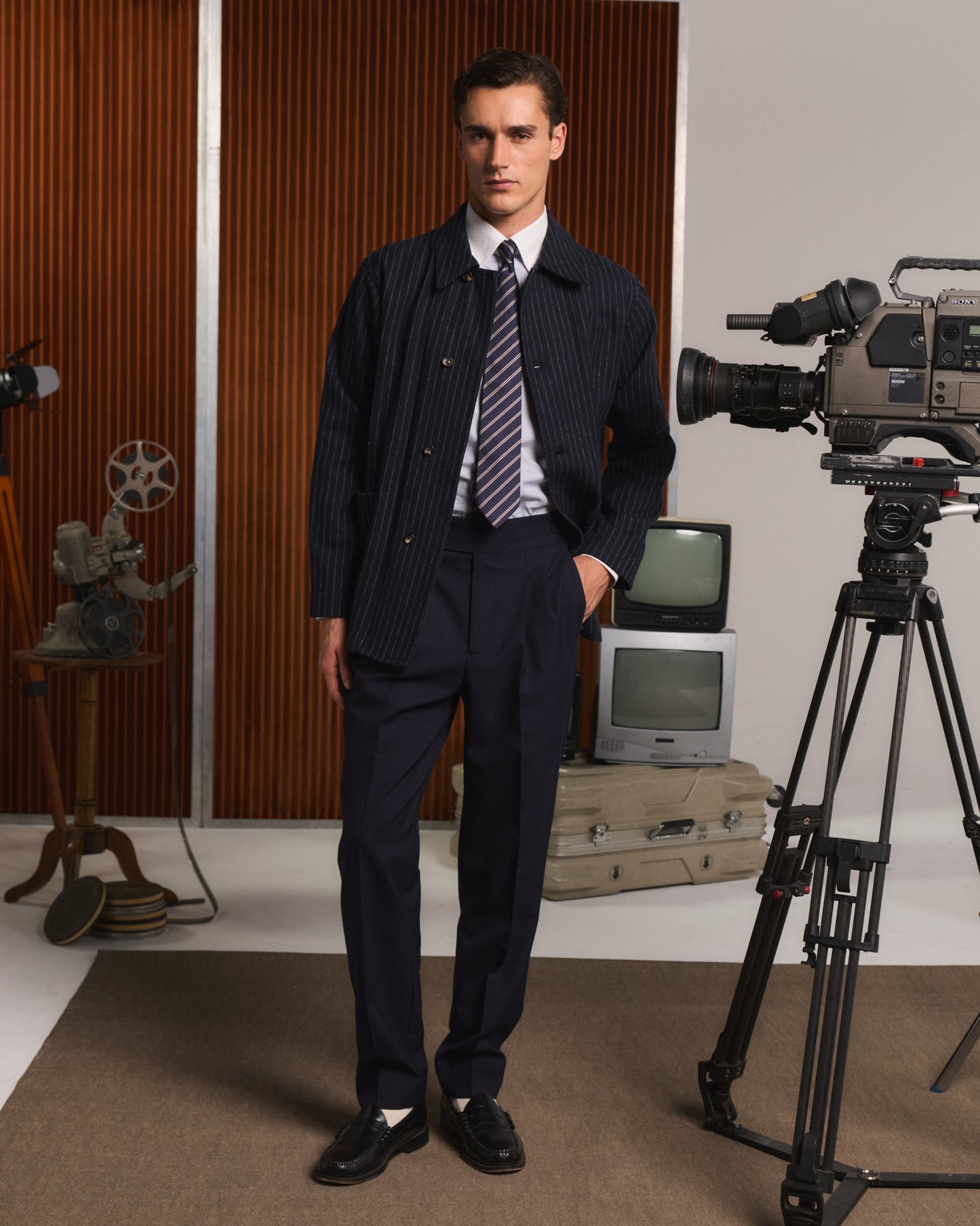 Work jacket in navy blue virgin wool with chalk stripes