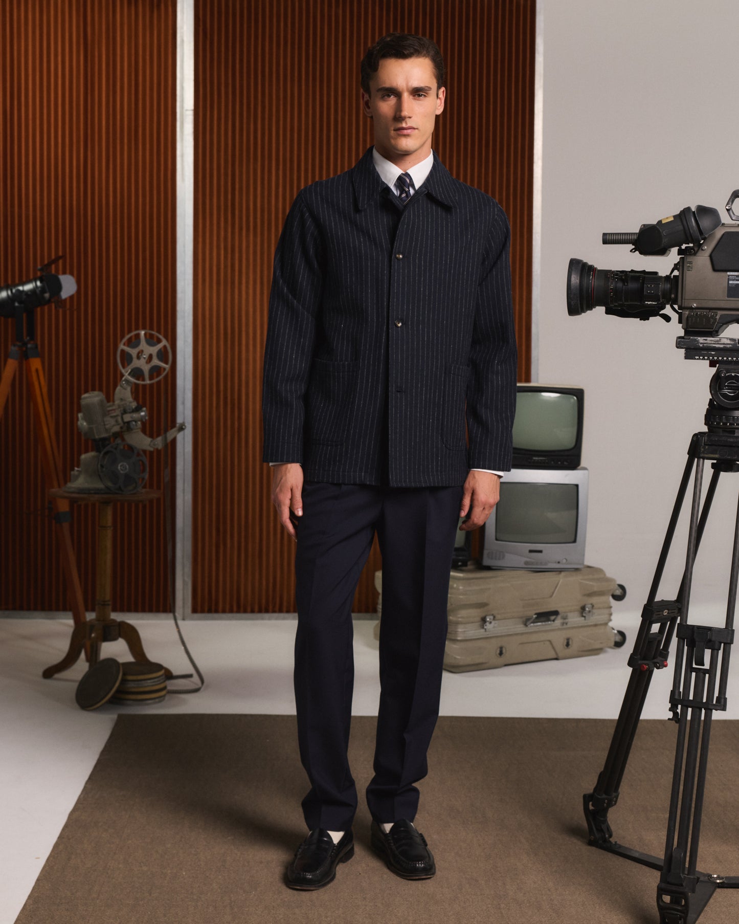 Work jacket in navy blue virgin wool with chalk stripes