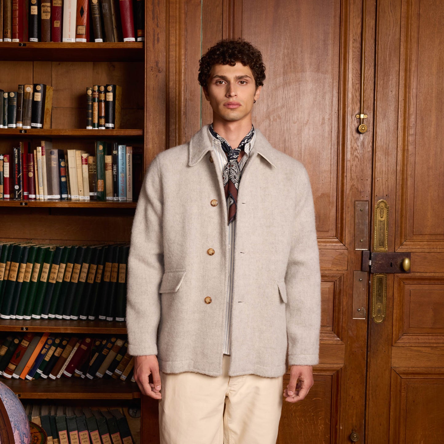 Veste de travail en laine shaggy dog beige chiné