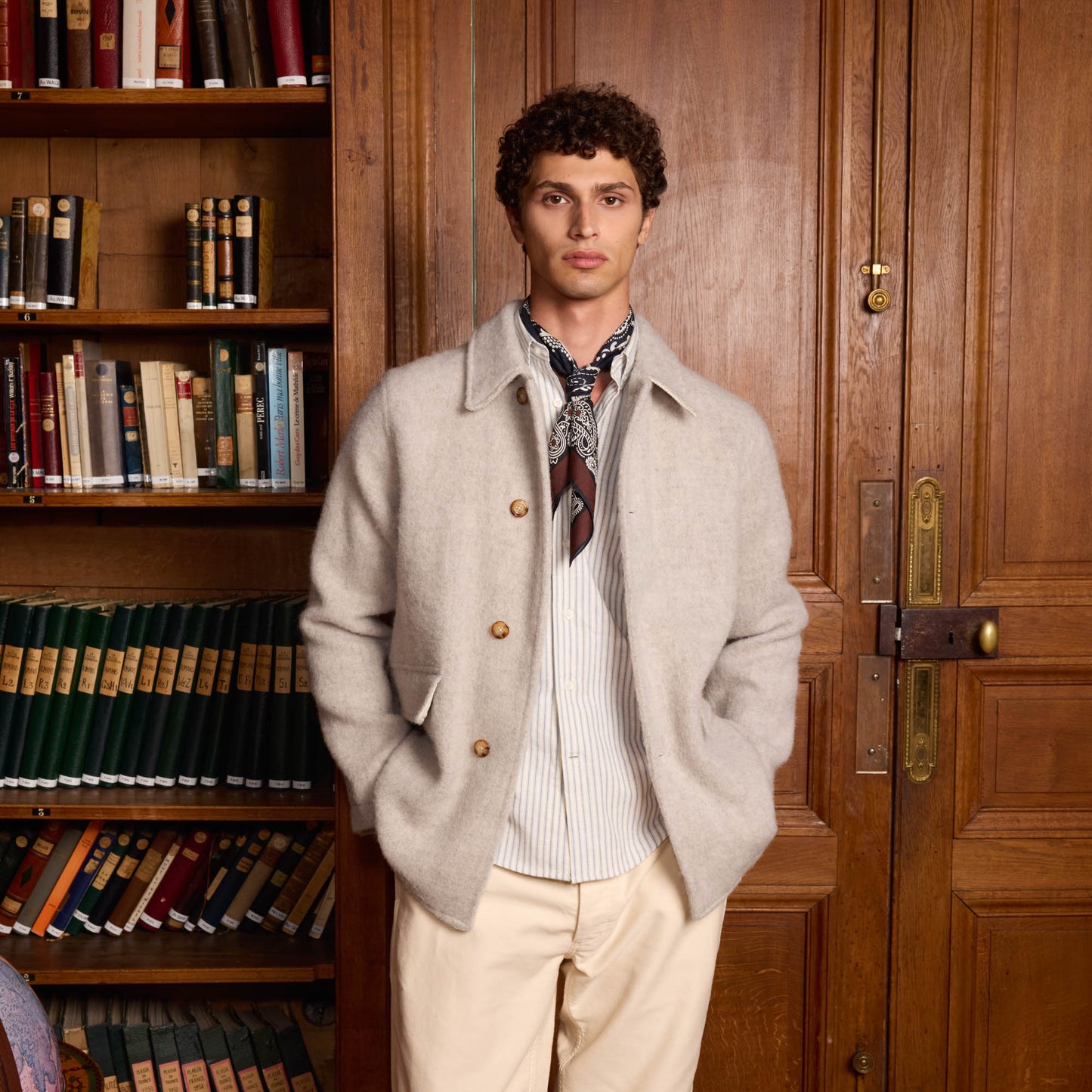 Veste de travail en laine shaggy dog beige chiné