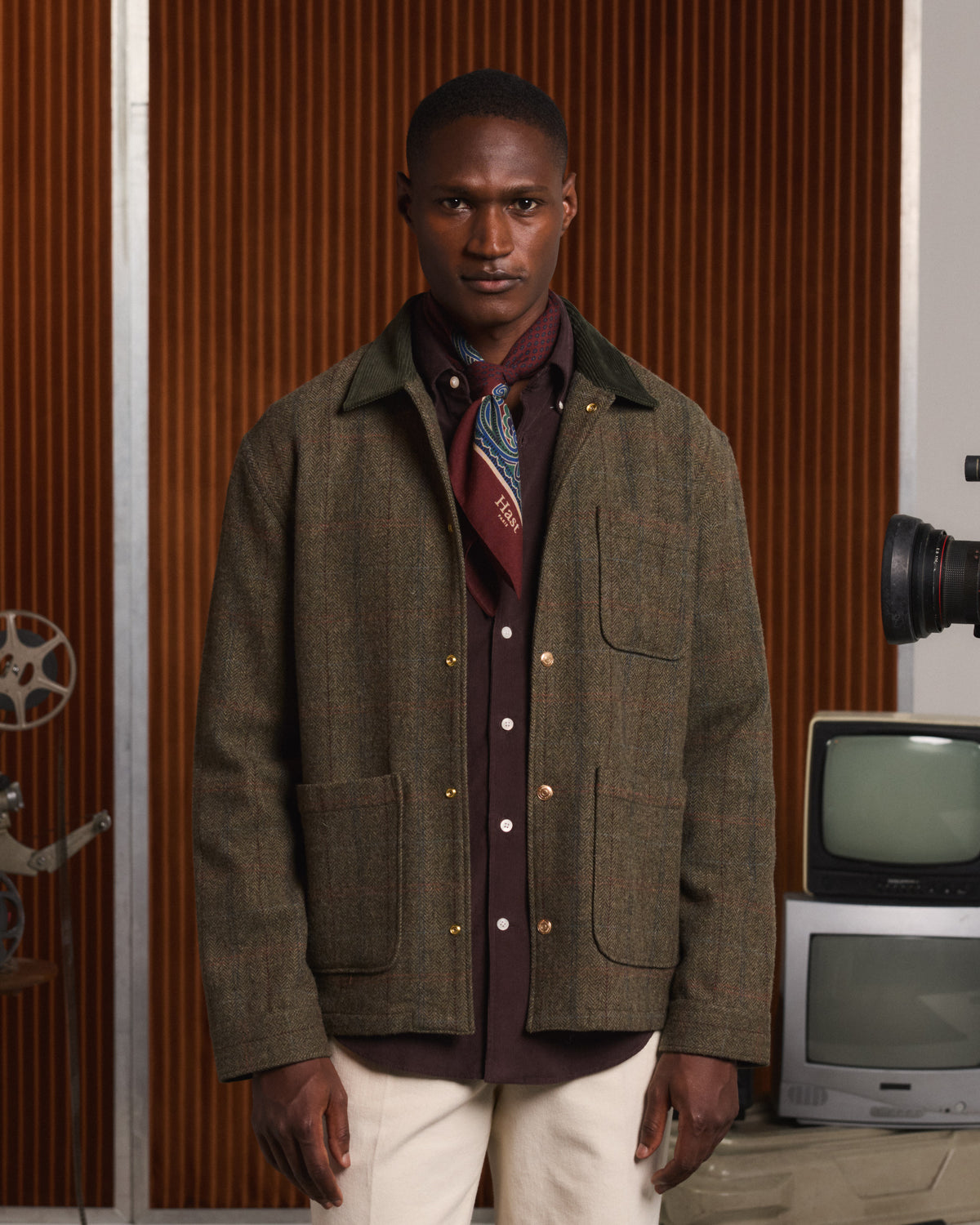 Veste en tweed de laine verte à chevrons