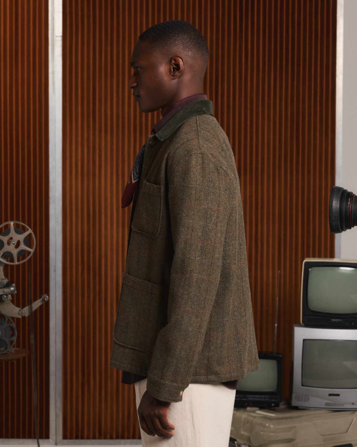Veste en tweed de laine verte à chevrons