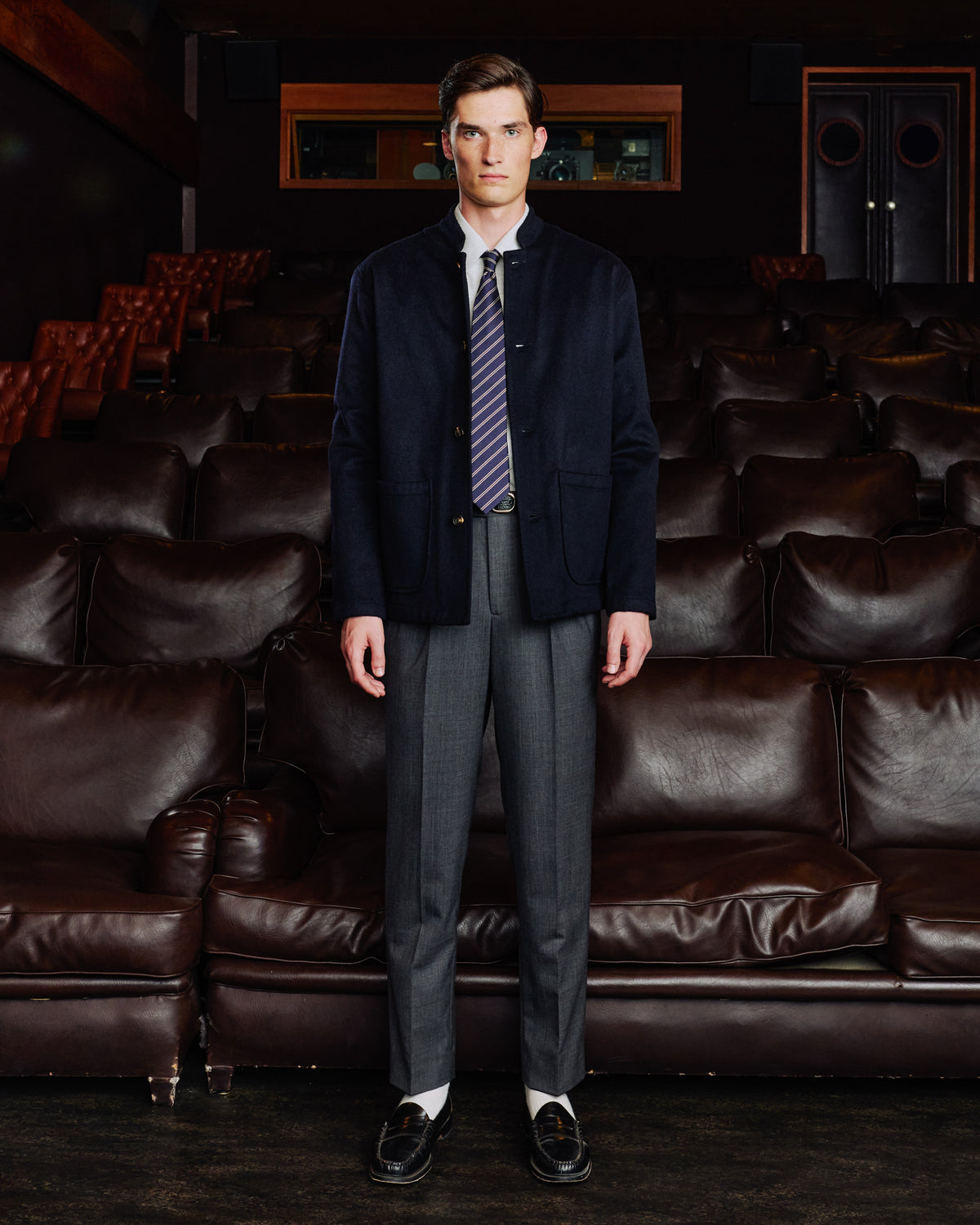 Navy Loden wool work jacket with band collar