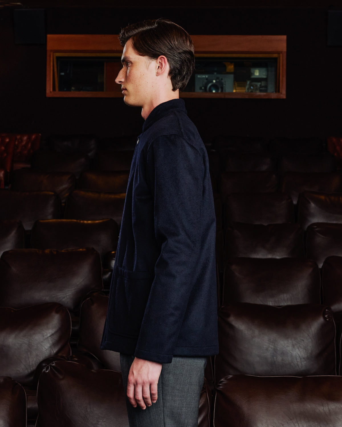 Navy Loden wool work jacket with band collar