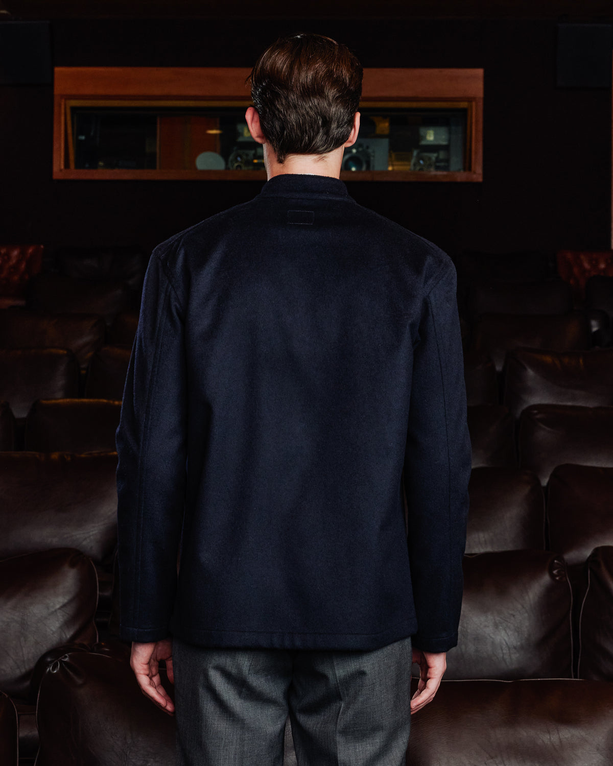 Navy Loden wool work jacket with band collar