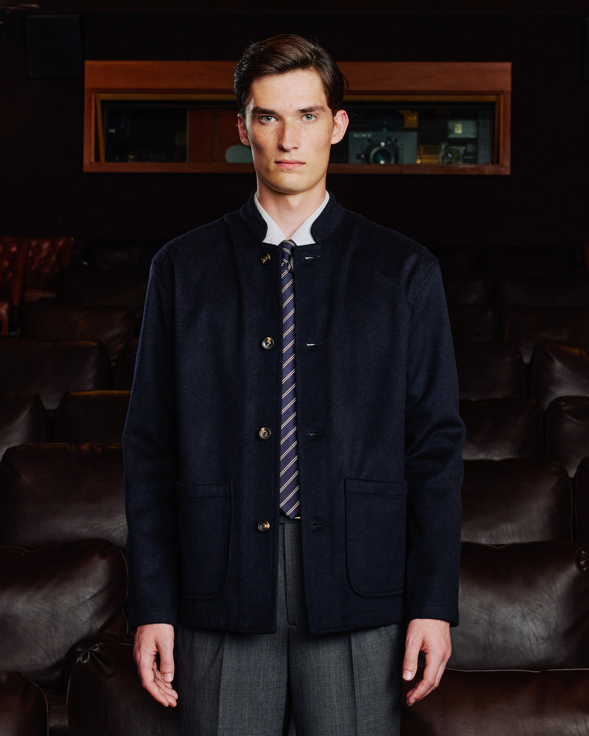 Navy Loden wool work jacket with band collar