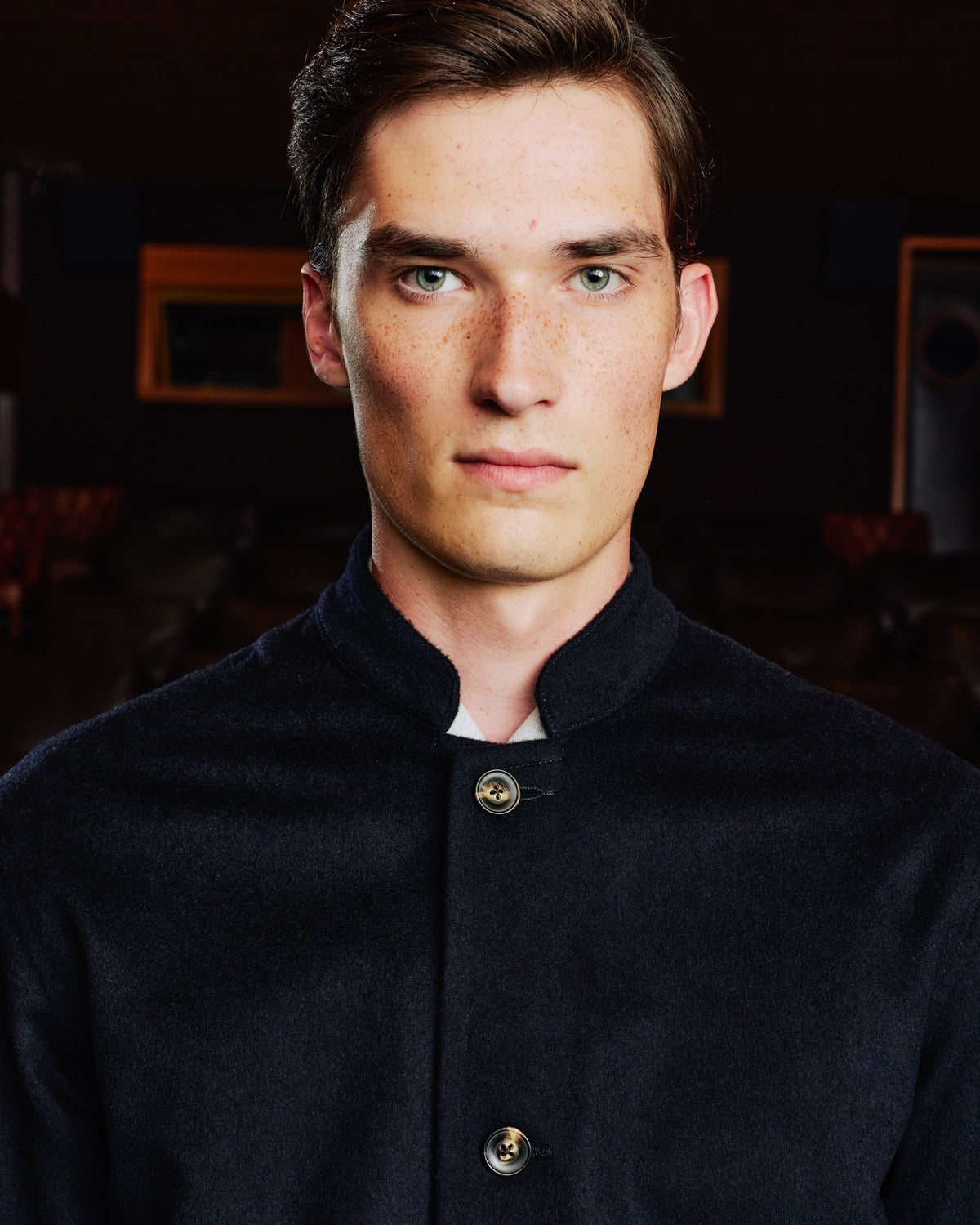 Navy Loden wool work jacket with band collar