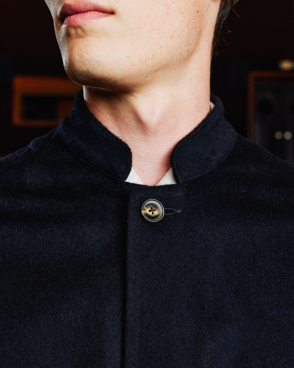 Navy Loden wool work jacket with band collar