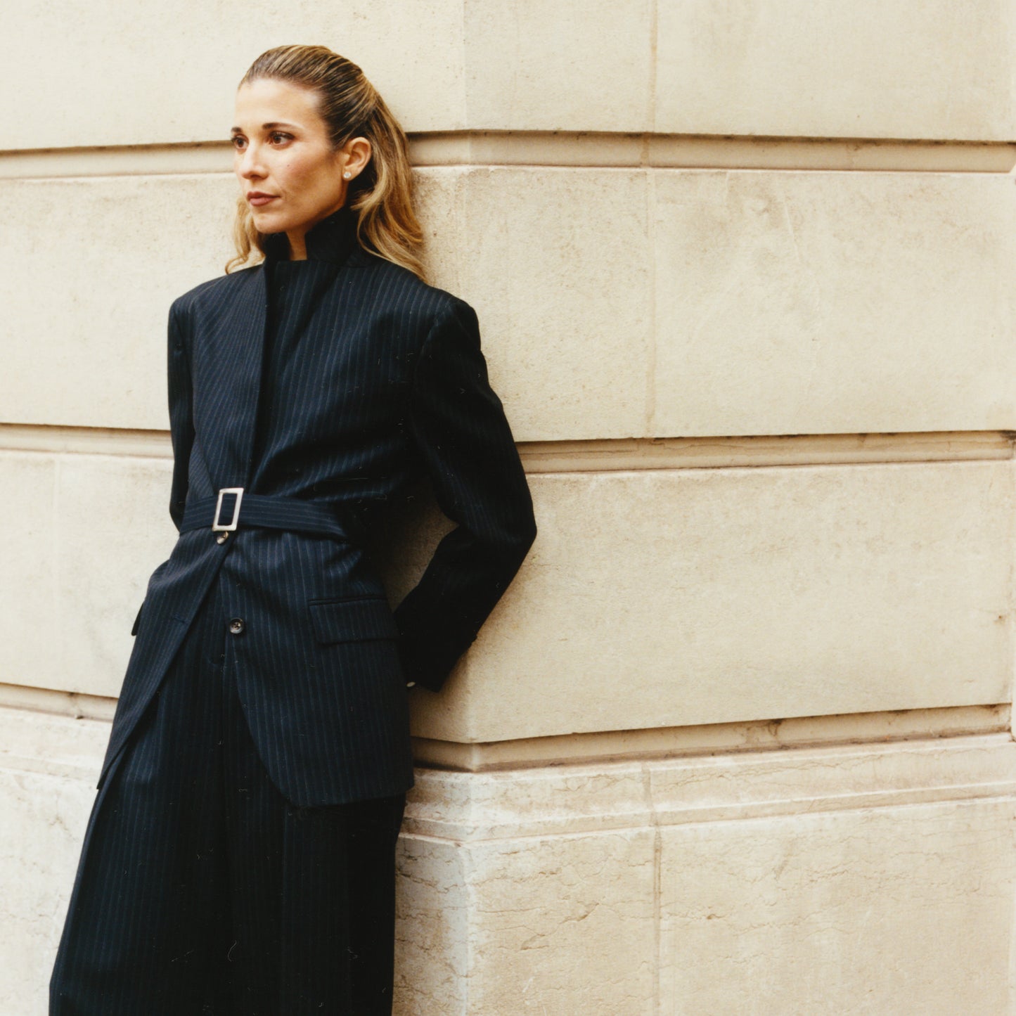 Veste tailleur en laine rayée marine