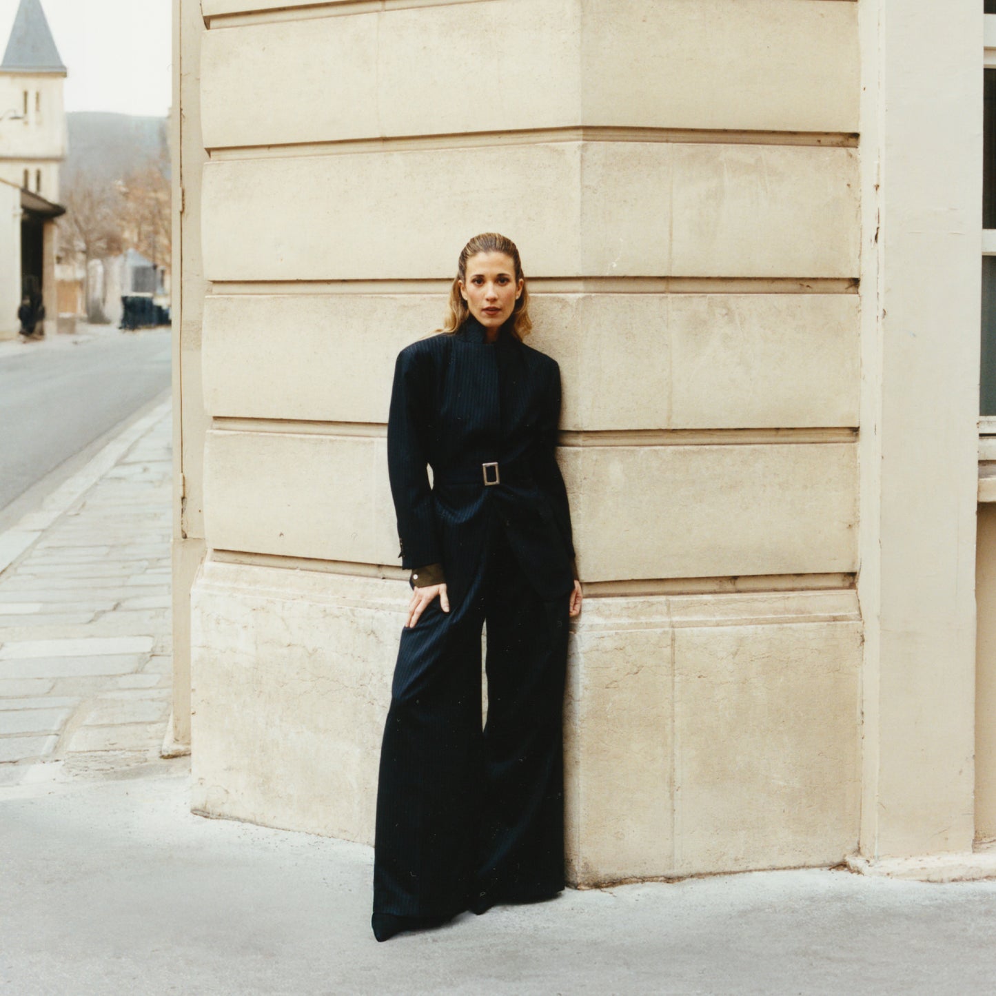 Pantalon Gurkha à plis en laine rayée marine