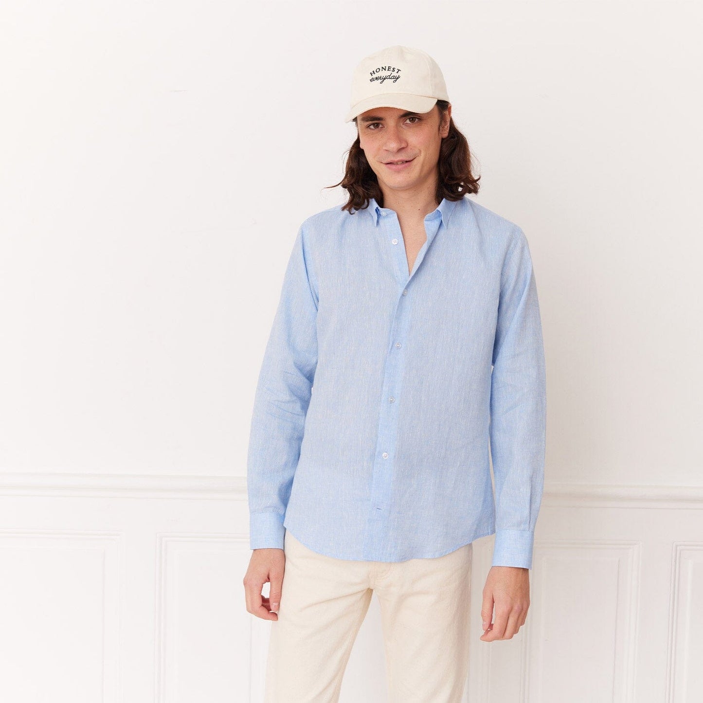 Blue textured linen fitted shirt