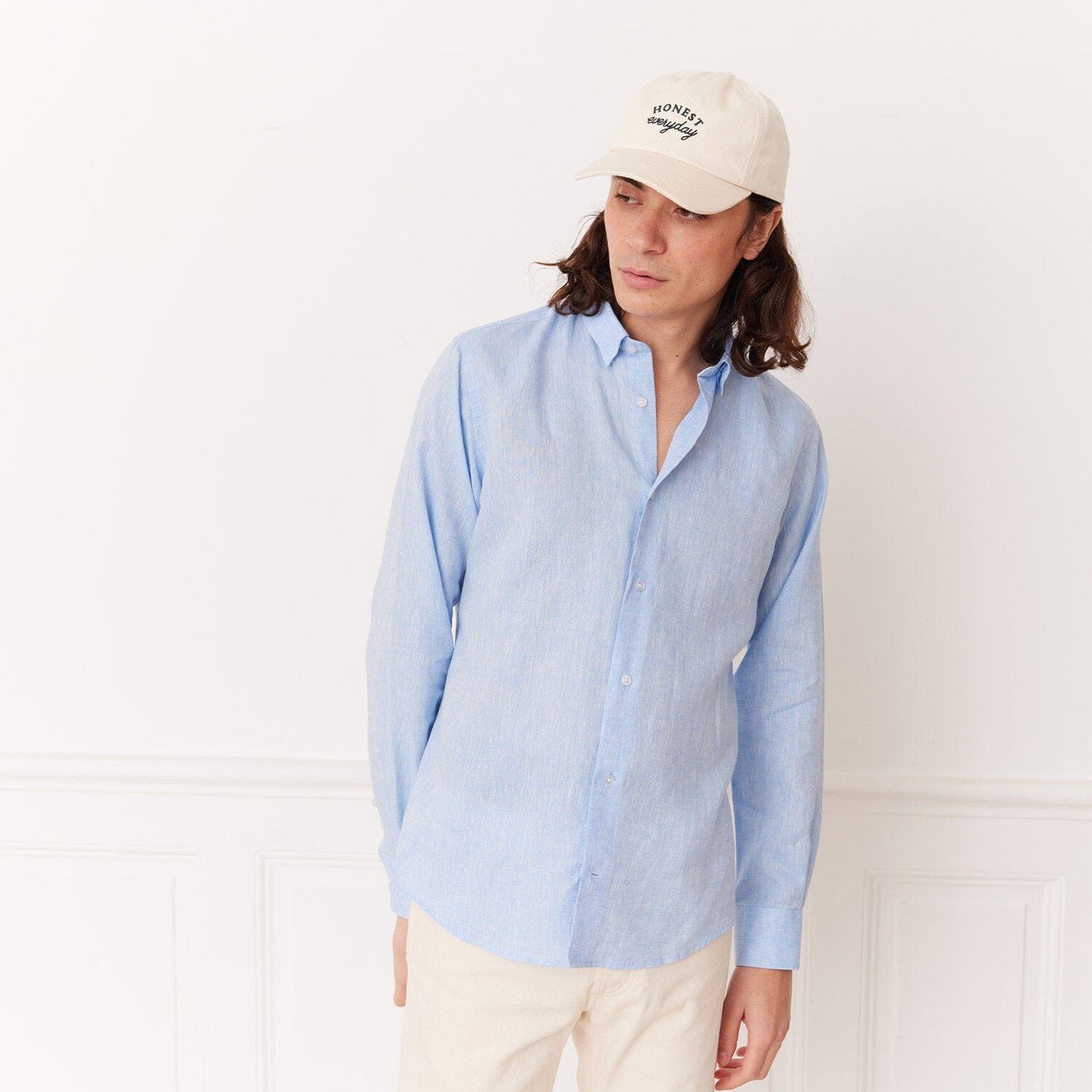 Blue textured linen fitted shirt