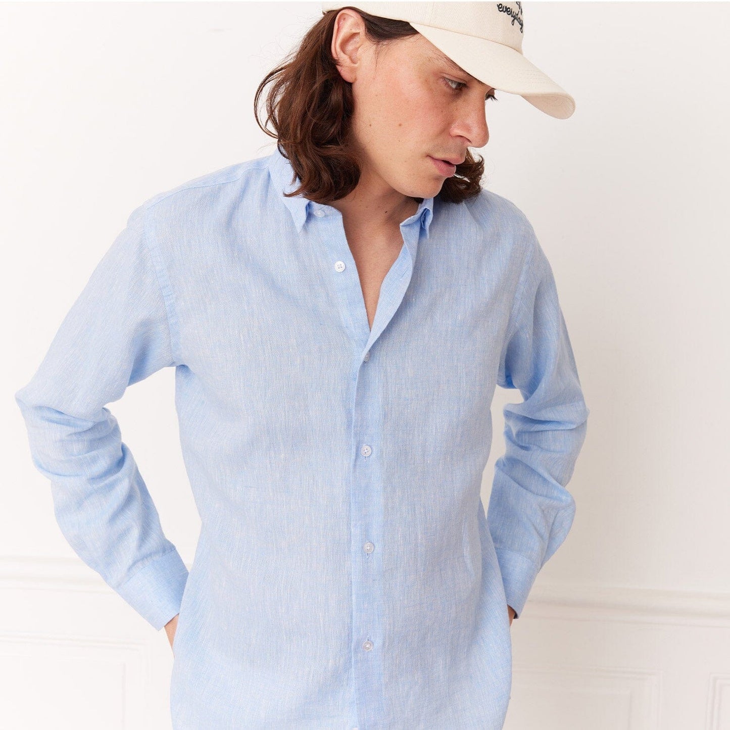 Blue textured linen fitted shirt
