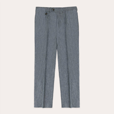 Double-pleated trousers in heather blue linen and cotton
