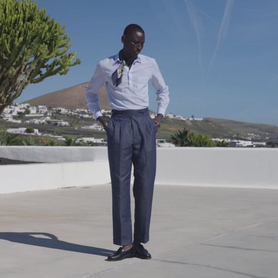 Chemise popover en coton lin bleu clair rayure blanche