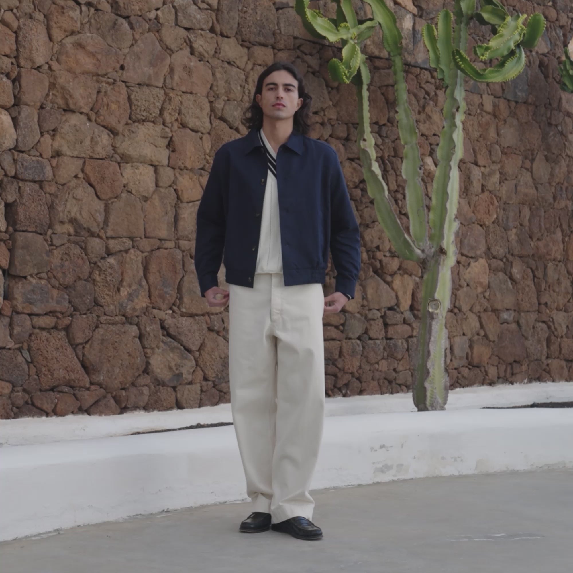 Blouson en coton et lin chevrons marine