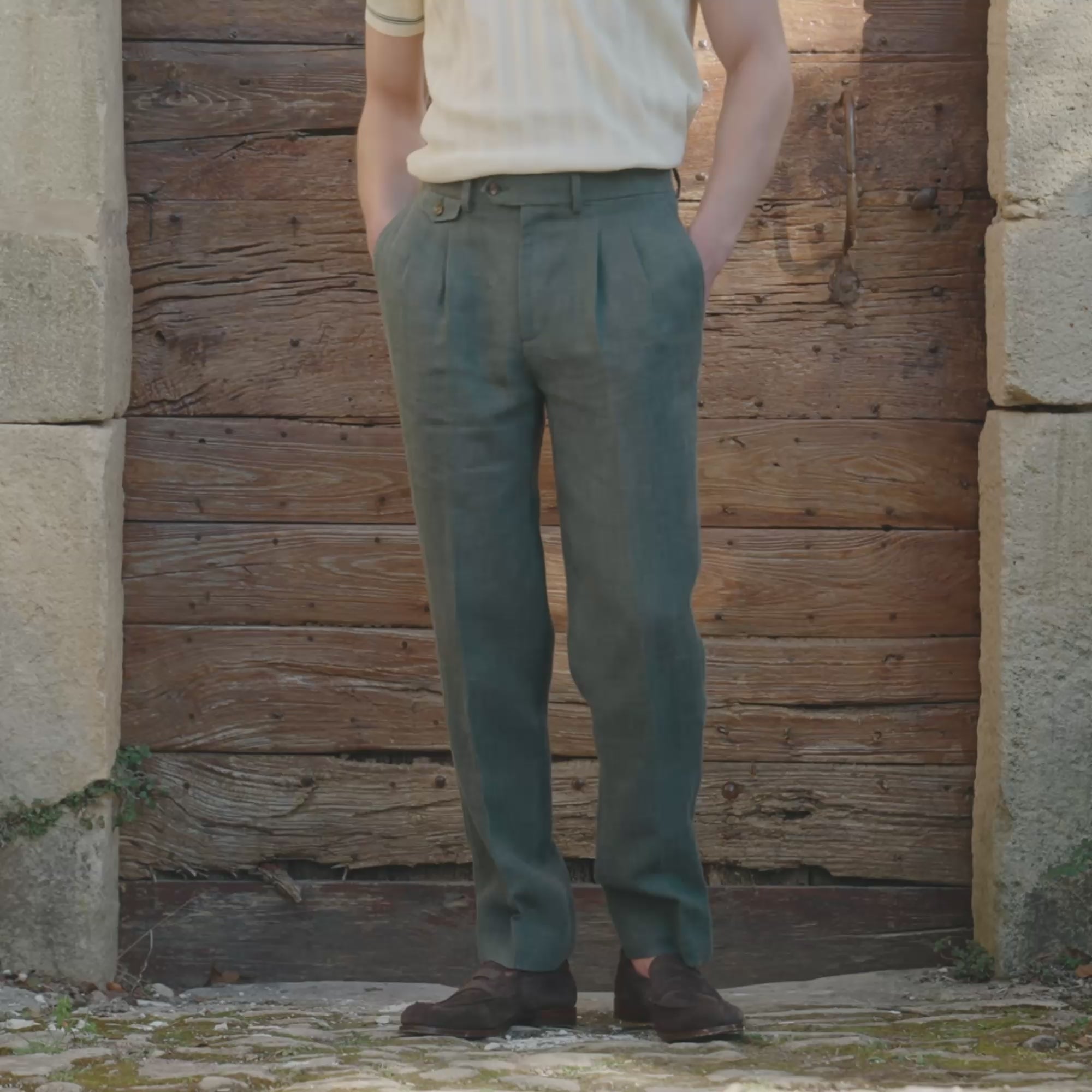 Pantalon double plis lin vert