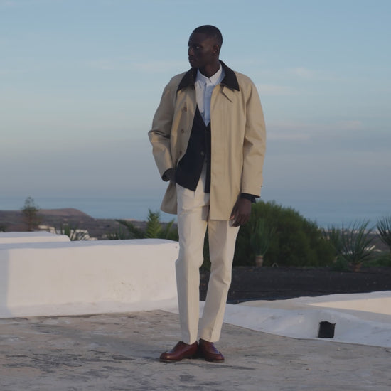 Manteau en coton imperméable beige col velours marron