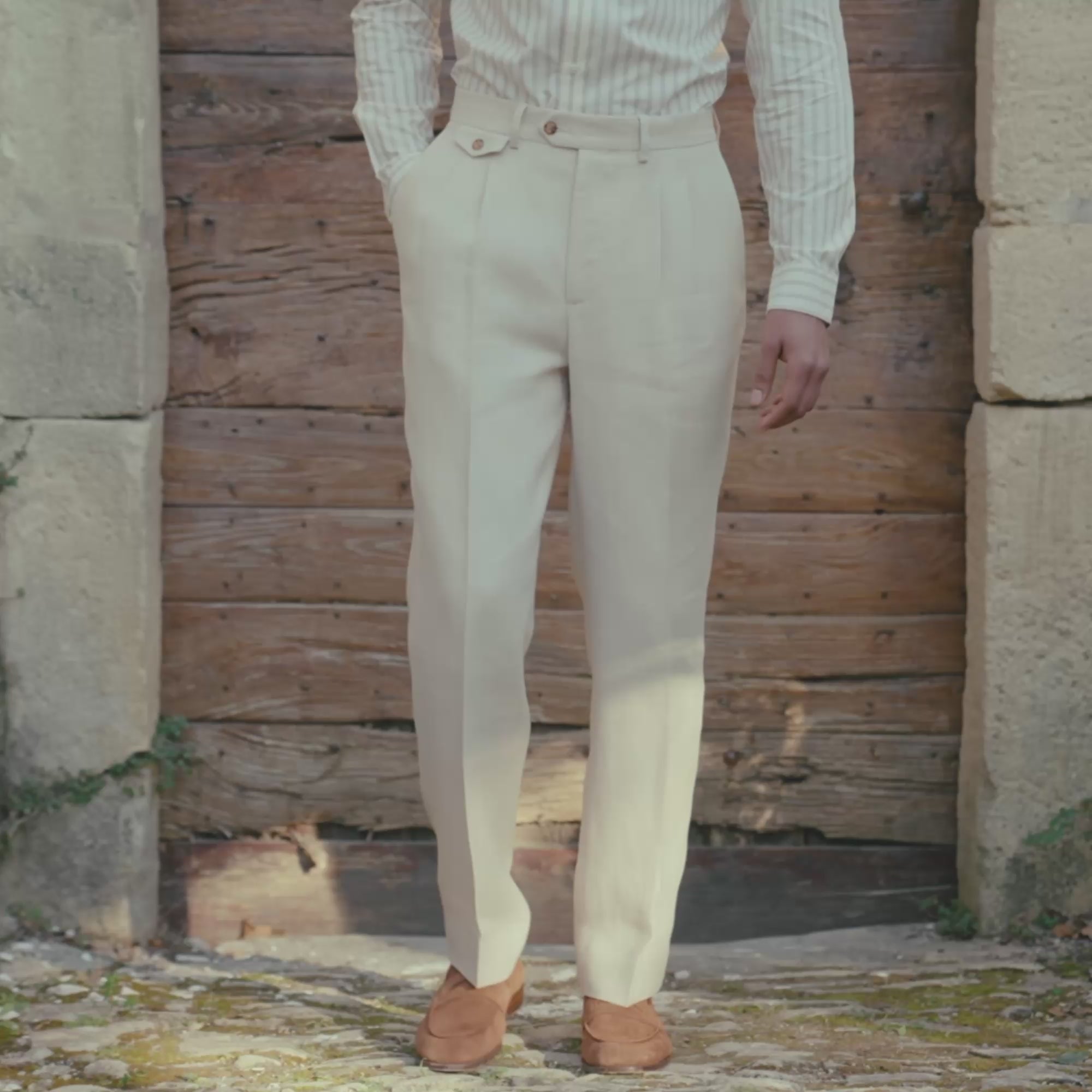 Beige linen double pleated trousers