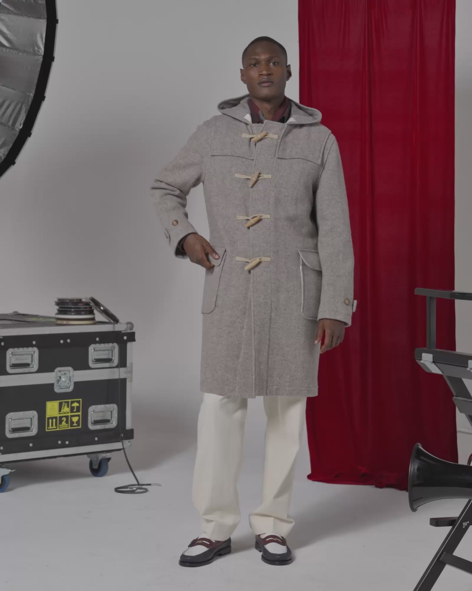 Duffle-coat en laine à chevrons écru et beige