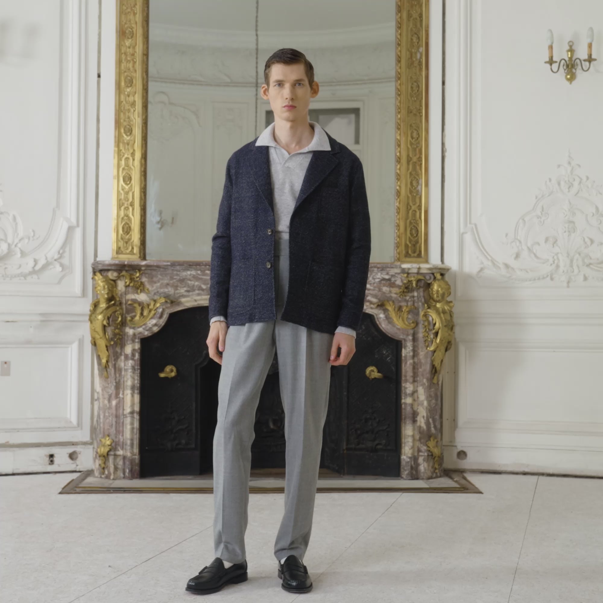 Unstructured tailored jacket in mottled navy wool