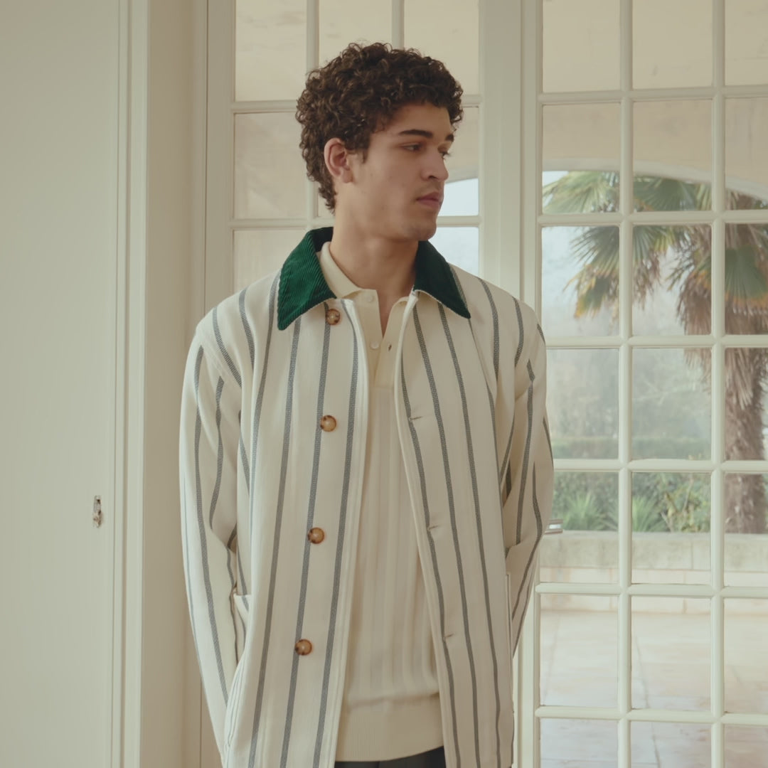 Ecru cotton work jacket with green stripes