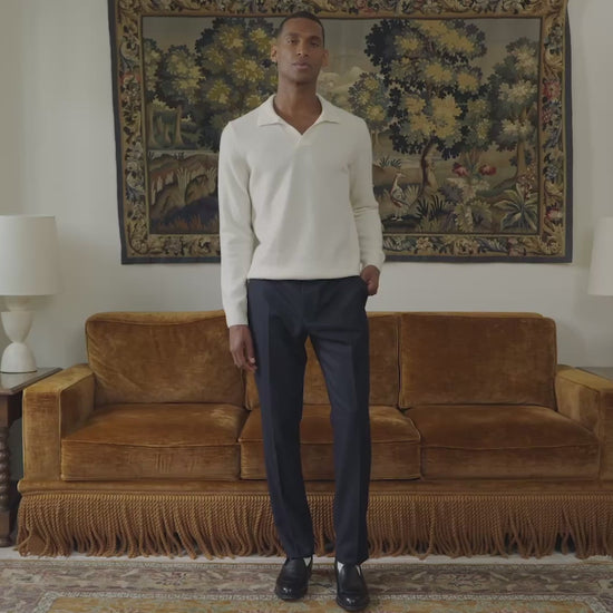 Pull à col polo en laine mérinos écru