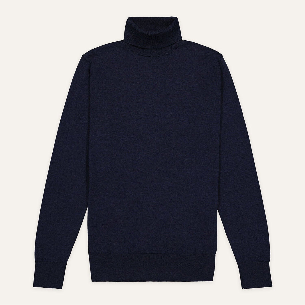 Pull à col roulé en laine mérinos bleu marine