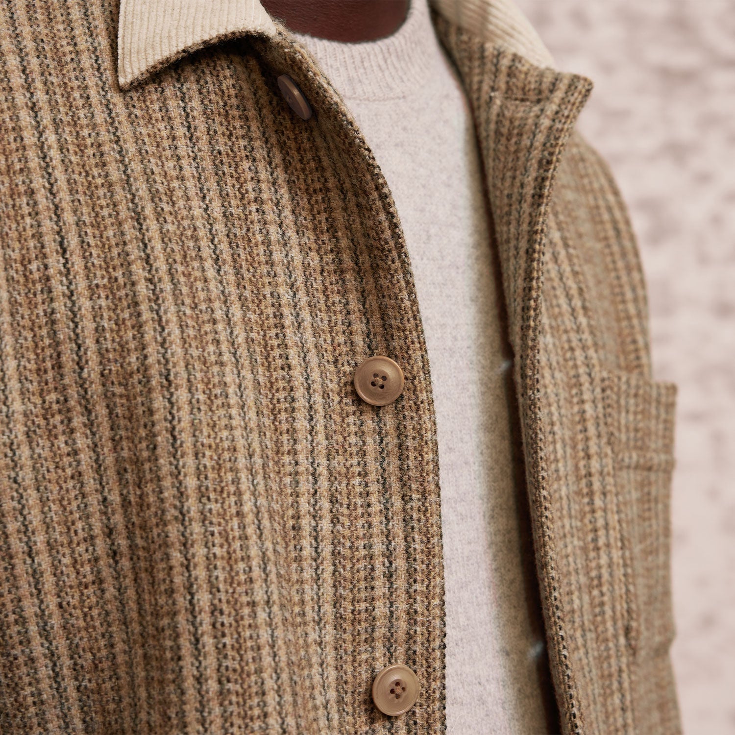 Veste de travail en laine beige à motifs à col contrasté
