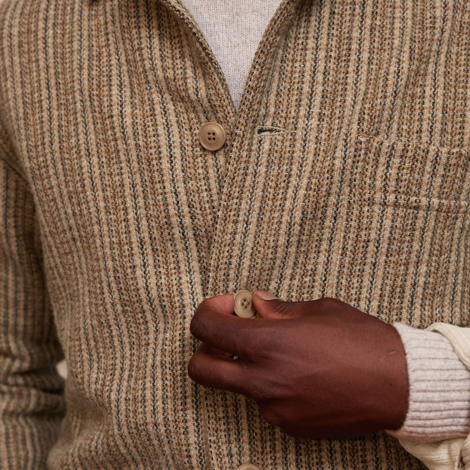 Veste de travail en laine beige à motifs à col contrasté