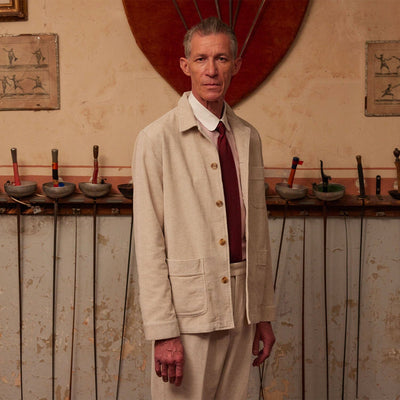 Thick ecru cotton and linen velvet work jacket